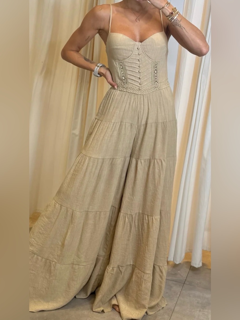 Beige Wide-Leg Jumpsuit with Corset Bodice